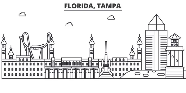 Florida, Tampa arquitectura línea skyline ilustración. Paisaje urbano vector lineal con monumentos famosos, lugares de interés de la ciudad, iconos de diseño. Paisaje con trazos editables — Archivo Imágenes Vectoriales