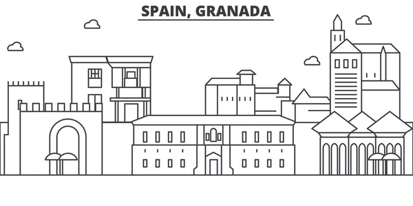Španělsko, Granada architektura linie Panorama ilustrace. Lineární vektorové panoráma s slavných památek, pamětihodností města, ikony designu. Krajina s upravitelnou tahy — Stockový vektor
