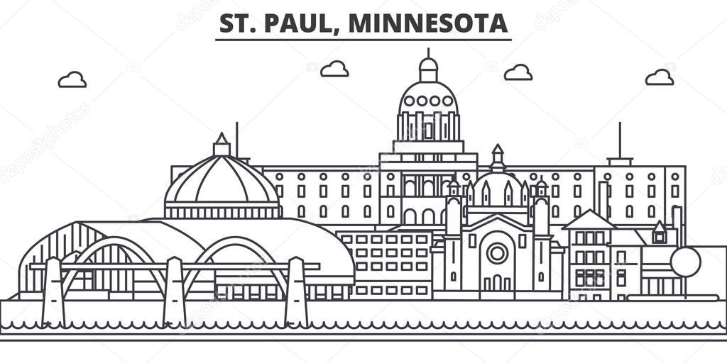 St. Paul, Minnesota architecture line skyline illustration. Linear vector cityscape with famous landmarks, city sights, design icons. Landscape wtih editable strokes