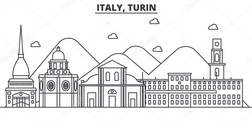 Italy, Turin architecture line skyline illustration. Linear vector cityscape with famous landmarks, city sights, design icons. Landscape wtih editable strokes