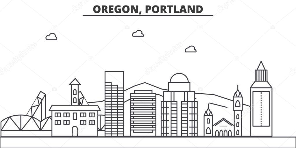Oregon, Portland architecture line skyline illustration. Linear vector cityscape with famous landmarks, city sights, design icons. Landscape wtih editable strokes