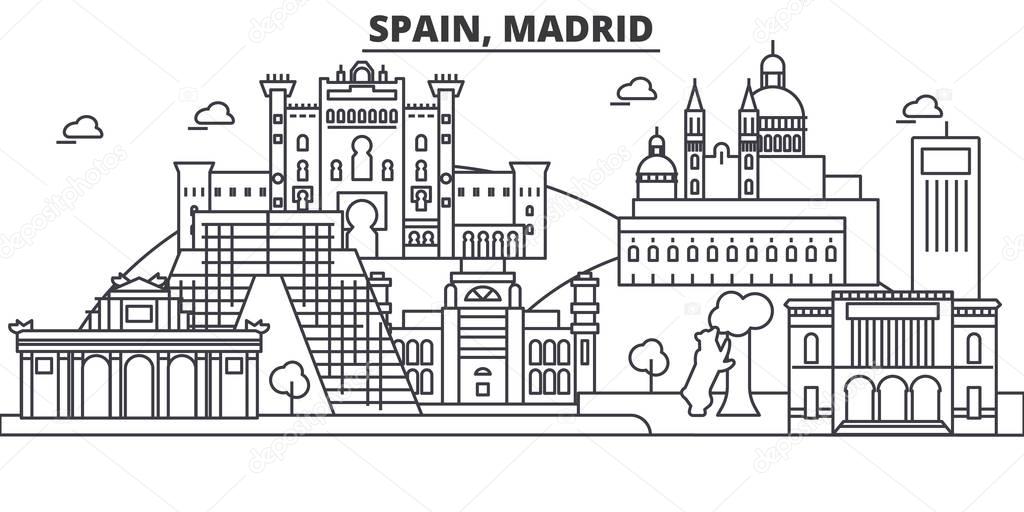 Spain, Madrid architecture line skyline illustration. Linear vector cityscape with famous landmarks, city sights, design icons. Landscape wtih editable strokes