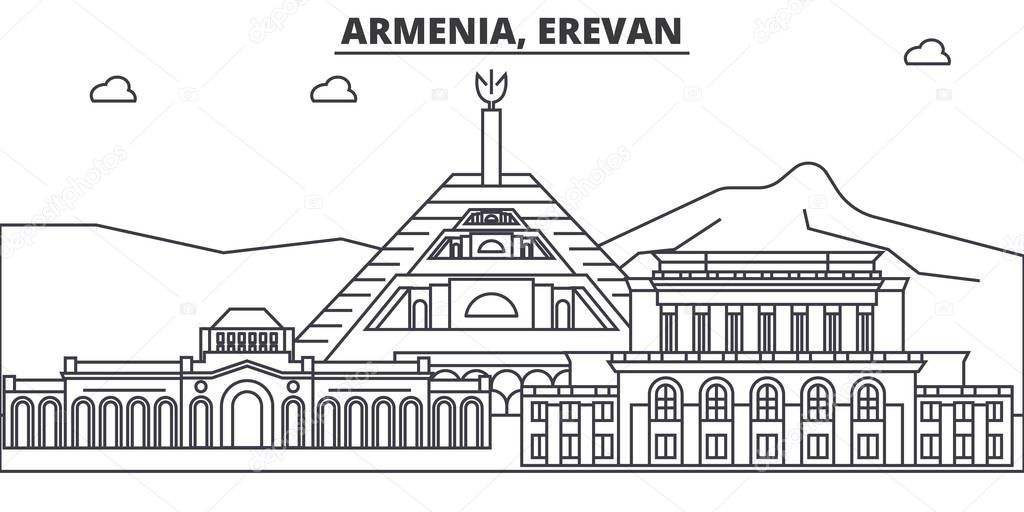 Armenia, Erevan architecture line skyline illustration. Linear vector cityscape with famous landmarks, city sights, design icons. Landscape wtih editable strokes