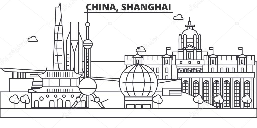 China, Shanghai architecture line skyline illustration. Linear vector cityscape with famous landmarks, city sights, design icons. Landscape wtih editable strokes