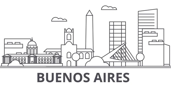 Buenos Airos arkkitehtuuri linja horisonttiin kuvitus. Lineaarinen kaupunkikuva kuuluisilla maamerkeillä, kaupungin nähtävyyksillä, design-kuvakkeilla. Maisema wtih muokattavissa aivohalvauksia — kuvapankkivalokuva