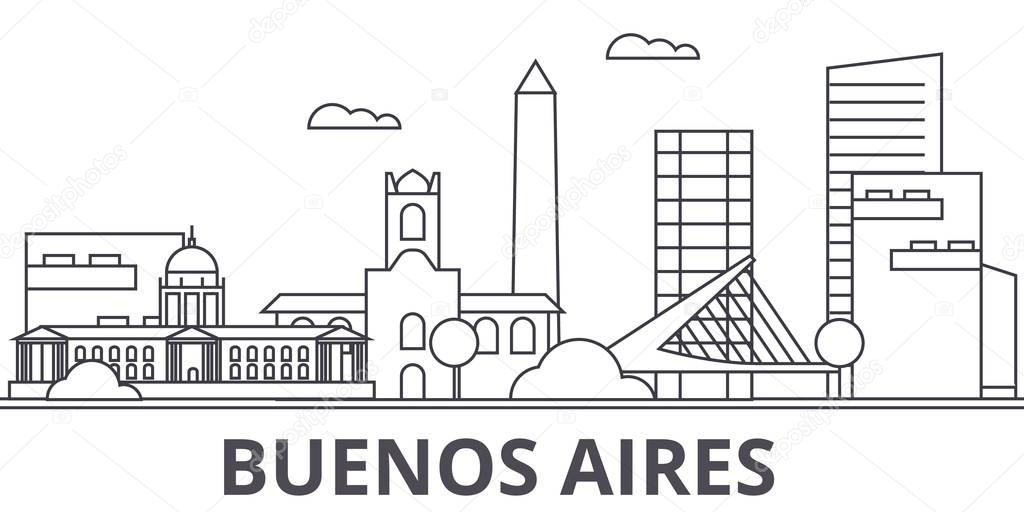 Buenos Airos architecture line skyline illustration. Linear cityscape with famous landmarks, city sights, design icons. Landscape wtih editable strokes