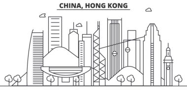 Çin, Hong Kong mimari satır manzarası illüstrasyon. Doğrusal vektör cityscape ünlü simge, şehir manzaraları, tasarım simgeler. Düzenlenebilir darbeleri ile manzara