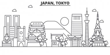 Japonya, Tokyo mimari satır manzarası illüstrasyon. Doğrusal vektör cityscape ünlü simge, şehir manzaraları, tasarım simgeler. Düzenlenebilir darbeleri ile manzara