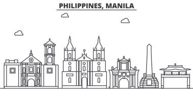 Filipinler, Manila mimari satır manzarası illüstrasyon. Doğrusal vektör cityscape ünlü simge, şehir manzaraları, tasarım simgeler. Düzenlenebilir darbeleri ile manzara