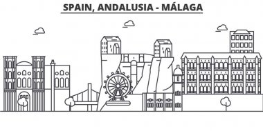 Ýspanya, Malaga, Andalusia mimari satır manzarası illüstrasyon. Doğrusal vektör cityscape ünlü simge, şehir manzaraları, tasarım simgeler. Düzenlenebilir darbeleri ile manzara