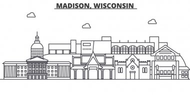 Madison, Wisconsin mimari satır manzarası illüstrasyon. Doğrusal vektör cityscape ünlü simge, şehir manzaraları, tasarım simgeler. Düzenlenebilir darbeleri ile manzara