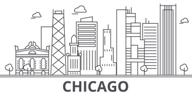 Chicago mimari satır manzarası illüstrasyon. Doğrusal vektör cityscape ünlü simge, şehir manzaraları, tasarım simgeler. Düzenlenebilir darbeleri ile manzara