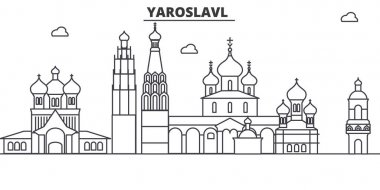 Rusya, Yaroslavl mimari satır manzarası illüstrasyon. Doğrusal vektör cityscape ünlü simge, şehir manzaraları, tasarım simgeler. Düzenlenebilir darbeleri ile manzara
