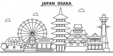 Japonya, Osaka mimari satır manzarası illüstrasyon. Doğrusal vektör cityscape ünlü simge, şehir manzaraları, tasarım simgeler. Düzenlenebilir darbeleri ile manzara
