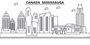 Kanada, Mississauga mimari satır manzarası illüstrasyon. Doğrusal vektör cityscape ünlü simge, şehir manzaraları, tasarım simgeler. Düzenlenebilir darbeleri ile manzara