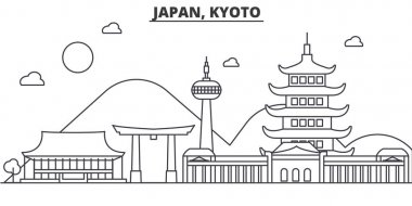 Japonya, Kyoto mimari satır manzarası illüstrasyon. Doğrusal vektör cityscape ünlü simge, şehir manzaraları, tasarım simgeler. Düzenlenebilir darbeleri ile manzara