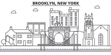 Brooklyn, New York mimarisi satır manzarası illüstrasyon. Doğrusal vektör cityscape ünlü simge, şehir manzaraları, tasarım simgeler. Düzenlenebilir darbeleri ile manzara