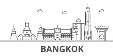 Bangkok mimari satır manzarası illüstrasyon. Doğrusal vektör cityscape ünlü simge, şehir manzaraları, tasarım simgeler. Düzenlenebilir darbeleri ile manzara