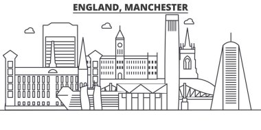 İngiltere ' de Manchester mimari satır manzarası illüstrasyon. Doğrusal vektör cityscape ünlü simge, şehir manzaraları, tasarım simgeler. Düzenlenebilir darbeleri ile manzara