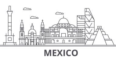 Meksika mimari satır manzarası illüstrasyon. Doğrusal vektör cityscape ünlü simge, şehir manzaraları, tasarım simgeler. Düzenlenebilir darbeleri ile manzara