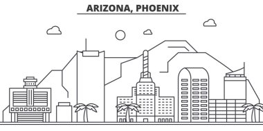 Arizona, Phoenix mimari satır manzarası illüstrasyon. Doğrusal vektör cityscape ünlü simge, şehir manzaraları, tasarım simgeler. Düzenlenebilir darbeleri ile manzara