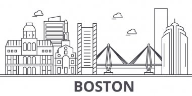 Boston mimari satır manzarası illüstrasyon. Doğrusal vektör cityscape ünlü simge, şehir manzaraları, tasarım simgeler. Düzenlenebilir darbeleri ile manzara