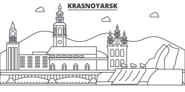 Rusya Krasnoyarsk mimari satır manzarası illüstrasyon. Doğrusal vektör cityscape ünlü simge, şehir manzaraları, tasarım simgeler. Düzenlenebilir darbeleri ile manzara