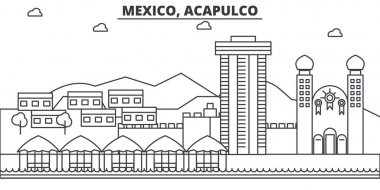 Meksika, Acapulco mimari satır manzarası illüstrasyon. Doğrusal vektör cityscape ünlü simge, şehir manzaraları, tasarım simgeler. Düzenlenebilir darbeleri ile manzara