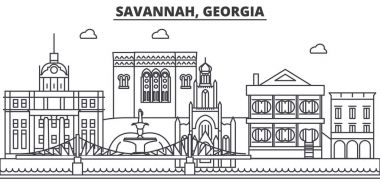 Savannah, Georgia mimari satır manzarası illüstrasyon. Doğrusal vektör cityscape ünlü simge, şehir manzaraları, tasarım simgeler. Düzenlenebilir darbeleri ile manzara