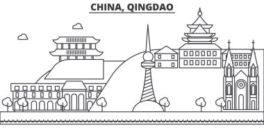 Çin, Qingdao mimari satır manzarası illüstrasyon. Doğrusal vektör cityscape ünlü simge, şehir manzaraları, tasarım simgeler. Düzenlenebilir darbeleri ile manzara