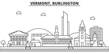 Vermont, Burlington mimari satır manzarası illüstrasyon. Doğrusal vektör cityscape ünlü simge, şehir manzaraları, tasarım simgeler. Düzenlenebilir darbeleri ile manzara