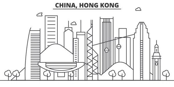 중국, 홍콩 건축 선 스카이 라인 일러스트입니다. 유명한 랜드마크, 시티 명소와 선형 벡터 풍경 디자인 아이콘. 편집 가능한 선 프리 — 스톡 벡터