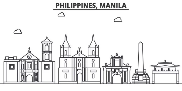 Filipinler, Manila mimari satır manzarası illüstrasyon. Doğrusal vektör cityscape ünlü simge, şehir manzaraları, tasarım simgeler. Düzenlenebilir darbeleri ile manzara — Stok Vektör