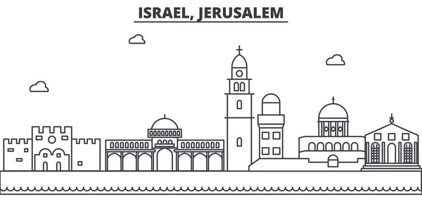 Izrael, Jeruzsálem építészet vonal városkép illusztráció. Lineáris vektor városkép híres tereptárgyak, a város nevezetességeit, a design ikonok. Szerkeszthető vonásokkal táj — Stock Vector