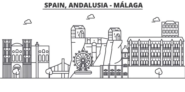 Spanyolország, Malaga, Andalúzia építészet vonal városkép illusztráció. Lineáris vektor városkép híres tereptárgyak, a város nevezetességeit, a design ikonok. Szerkeszthető vonásokkal táj — Stock Vector