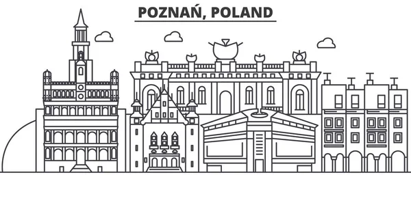 ポーランド、ポズナン建築線スカイラインの図。有名なランドマーク、観光、デザイン アイコンと線形ベクトル街並み。編集可能なストロークのある風景します。 — ストックベクタ