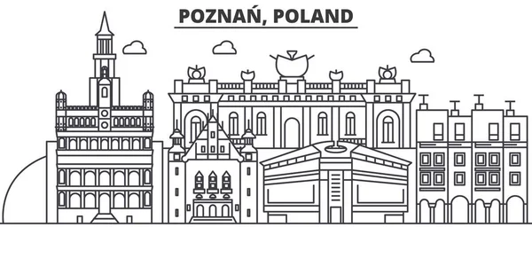 Pologne, ligne d'architecture de Poznan illustration d'horizon. Paysage urbain vectoriel linéaire avec des monuments célèbres, des sites de la ville, des icônes de design. Paysage wtih coups modifiables — Image vectorielle