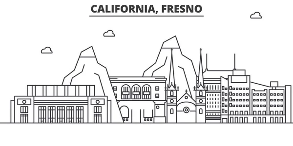Californie Fresno architecture ligne skyline illustration. Paysage urbain vectoriel linéaire avec des monuments célèbres, des sites de la ville, des icônes de design. Paysage wtih coups modifiables — Image vectorielle