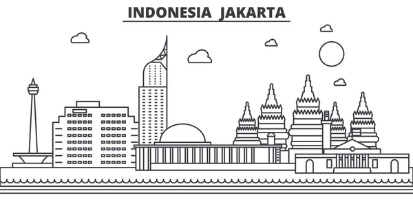 Indonesia, Jakarta Arsitektur garis langit ilustrasi. Linear vector cityscape dengan landmark terkenal, pemandangan kota, ikon desain. Lansekap menggulung goresan yang dapat disunting - Stok Vektor