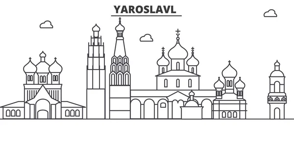 러시아 야로슬라블 건축 선 스카이 라인 일러스트입니다. 유명한 랜드마크, 시티 명소와 선형 벡터 풍경 디자인 아이콘. 편집 가능한 선 프리 — 스톡 벡터