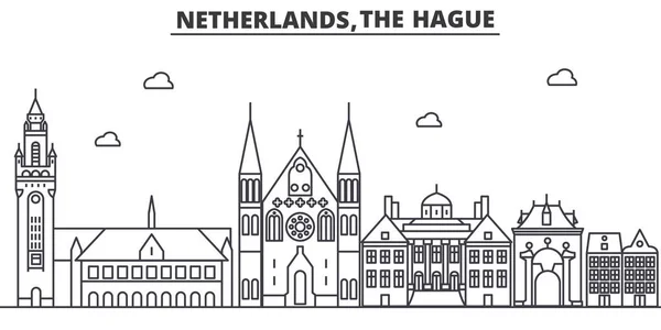 Ολλανδία, Χάγη αρχιτεκτονική γραμμή ορίζοντα εικονογράφηση. Γραμμικά διανυσματικά Σίτισκεϊπ με διάσημα αξιοθέατα, αξιοθέατα της πόλης, σχεδιάσουν τα εικονίδια. Τοπίο με επεξεργάσιμο εγκεφαλικά επεισόδια — Διανυσματικό Αρχείο