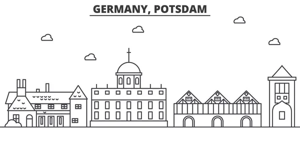 Германия, Потсдамская архитектурная линия, иллюстрация горизонта. Линейный вектор города с известными достопримечательностями, городскими достопримечательностями, дизайнерскими решениями. Ландшафт с редактируемыми штрихами — стоковый вектор