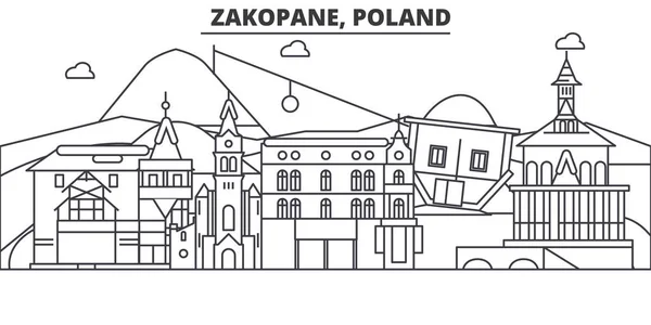 Pologne, illustration d'horizon de la ligne d'architecture de Zakopane. Paysage urbain vectoriel linéaire avec des monuments célèbres, des sites de la ville, des icônes de design. Paysage wtih coups modifiables — Image vectorielle