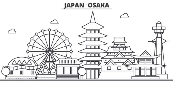 Japón, Osaka arquitectura línea skyline ilustración. Paisaje urbano vector lineal con monumentos famosos, lugares de interés de la ciudad, iconos de diseño. Paisaje con trazos editables — Vector de stock