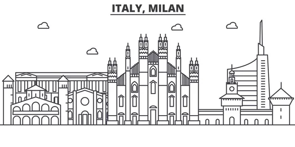 Italie, Milan architecture ligne skyline illustration. Paysage urbain vectoriel linéaire avec des monuments célèbres, des sites de la ville, des icônes de design. Paysage wtih coups modifiables — Image vectorielle