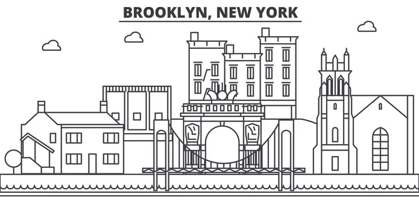 Бруклин, Нью-Йорк Иллюстрация линии горизонта архитектуры. Линейный вектор города с известными достопримечательностями, городскими достопримечательностями, дизайнерскими решениями. Ландшафт с редактируемыми штрихами — стоковый вектор