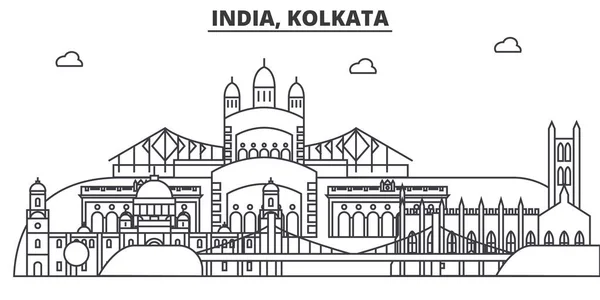 インド、コルカタ建築線スカイラインの図。有名なランドマーク、観光、デザイン アイコンと線形ベクトル街並み。編集可能なストロークのある風景します。 — ストックベクタ