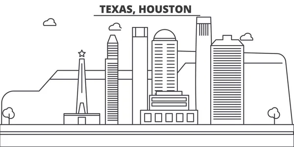 텍사스, 휴스턴 건축 선 스카이 라인 일러스트입니다. 유명한 랜드마크, 시티 명소와 선형 벡터 풍경 디자인 아이콘. 편집 가능한 선 프리 — 스톡 벡터