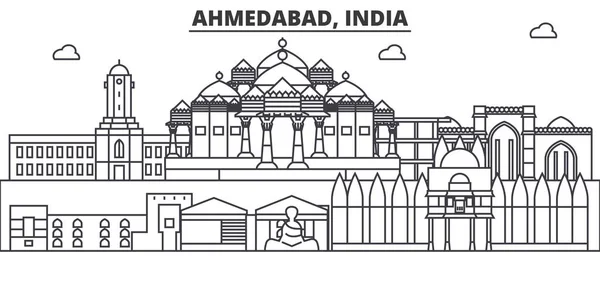 アーメダバード、インド建築線スカイラインの図。有名なランドマーク、観光、デザイン アイコンと線形ベクトル街並み。編集可能なストロークのある風景します。 — ストックベクタ