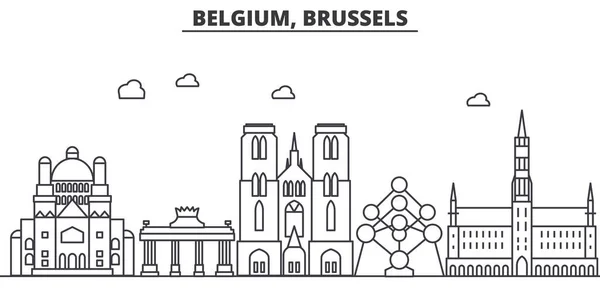 Belgia, Brussels arsitektur garis langit ilustrasi. Linear vector cityscape dengan landmark terkenal, pemandangan kota, ikon desain. Lansekap menggulung goresan yang dapat disunting - Stok Vektor